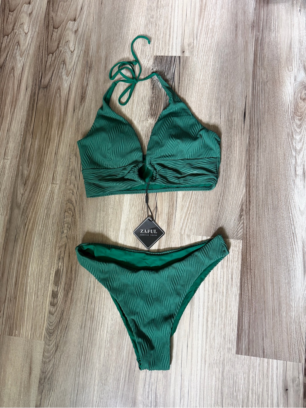 Zaful Deep Green Ribbed Halter Bikini Set